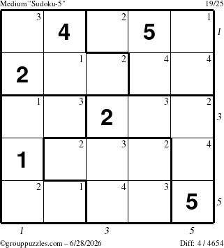 The grouppuzzles.com Medium Sudoku-5 puzzle for Sunday June 28, 2026, suitable for printing, with all 4 steps marked