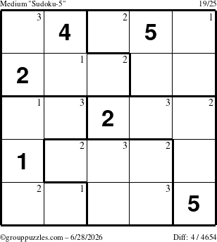 The grouppuzzles.com Medium Sudoku-5 puzzle for Sunday June 28, 2026 with the first 3 steps marked