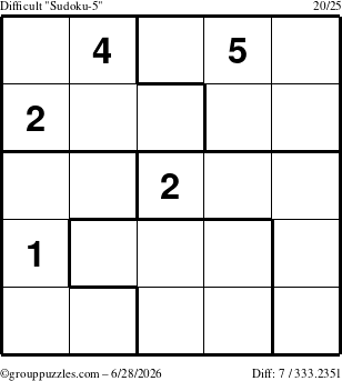 The grouppuzzles.com Difficult Sudoku-5 puzzle for Sunday June 28, 2026