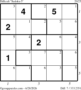 The grouppuzzles.com Difficult Sudoku-5 puzzle for Sunday June 28, 2026, suitable for printing, with all 7 steps marked