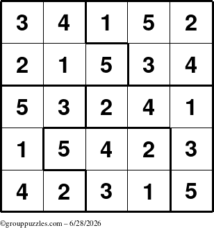 The grouppuzzles.com Answer grid for the Sudoku-5 puzzle for Sunday June 28, 2026