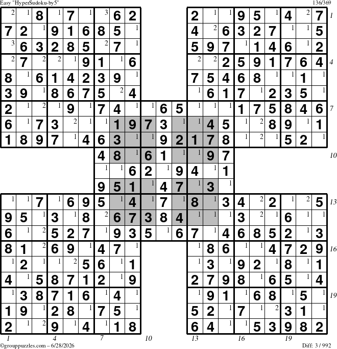 The grouppuzzles.com Easy HyperSudoku-by5 puzzle for Sunday June 28, 2026, suitable for printing, with all 3 steps marked