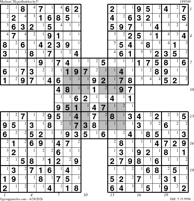 The grouppuzzles.com Medium HyperSudoku-by5 puzzle for Sunday June 28, 2026 with all 5 steps marked