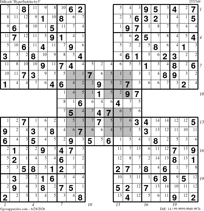 The grouppuzzles.com Difficult HyperSudoku-by5 puzzle for Sunday June 28, 2026, suitable for printing, with all 14 steps marked