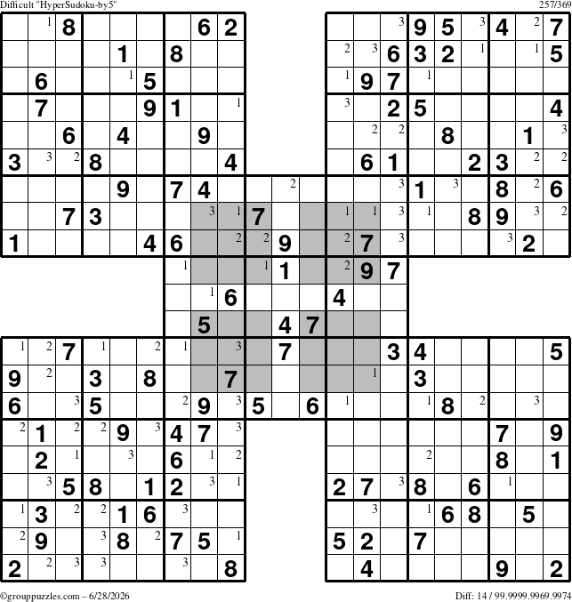 The grouppuzzles.com Difficult HyperSudoku-by5 puzzle for Sunday June 28, 2026 with the first 3 steps marked