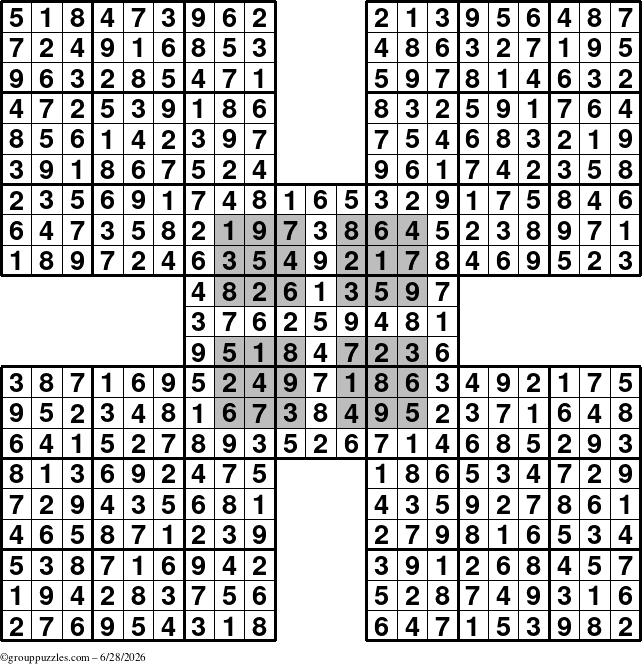 The grouppuzzles.com Answer grid for the HyperSudoku-by5 puzzle for Sunday June 28, 2026