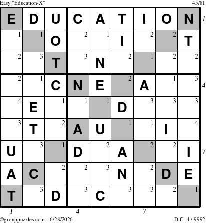 The grouppuzzles.com Easy Education-X puzzle for Sunday June 28, 2026, suitable for printing, with all 4 steps marked