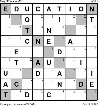 The grouppuzzles.com Easy Education-X puzzle for Sunday June 28, 2026 with the first 3 steps marked