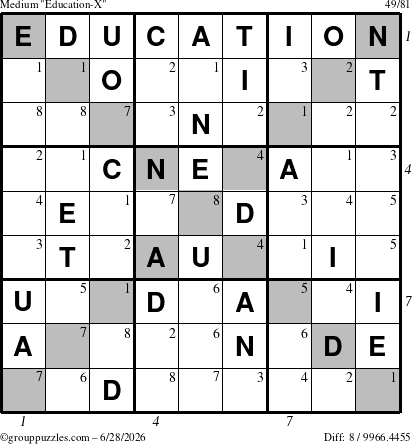 The grouppuzzles.com Medium Education-X puzzle for Sunday June 28, 2026 with all 8 steps marked