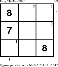 The grouppuzzles.com Easy TicTac-789 puzzle for Sunday June 28, 2026, suitable for printing, with all 2 steps marked