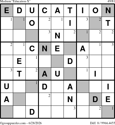 The grouppuzzles.com Medium Education-X puzzle for Sunday June 28, 2026 with the first 3 steps marked