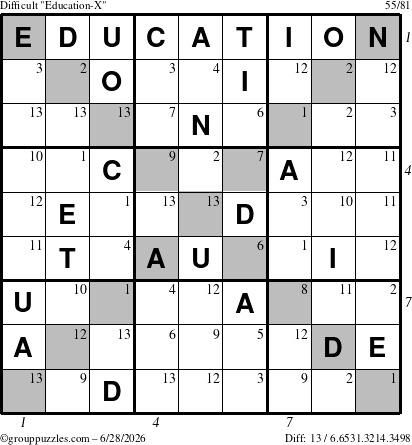 The grouppuzzles.com Difficult Education-X puzzle for Sunday June 28, 2026, suitable for printing, with all 13 steps marked
