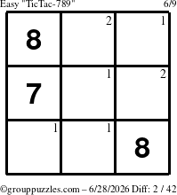The grouppuzzles.com Easy TicTac-789 puzzle for Sunday June 28, 2026 with the first 2 steps marked