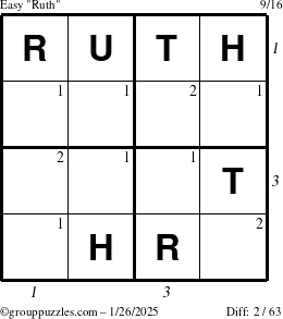 The grouppuzzles.com Easy Ruth puzzle for Sunday January 26, 2025 with all 2 steps marked