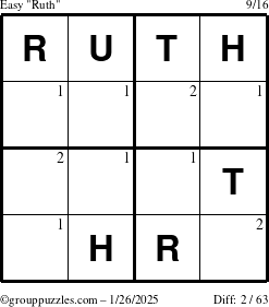 The grouppuzzles.com Easy Ruth puzzle for Sunday January 26, 2025 with the first 2 steps marked