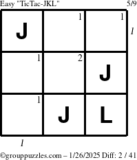 The grouppuzzles.com Easy TicTac-JKL puzzle for Sunday January 26, 2025 with all 2 steps marked