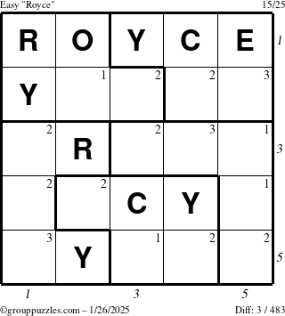 The grouppuzzles.com Easy Royce puzzle for Sunday January 26, 2025 with all 3 steps marked