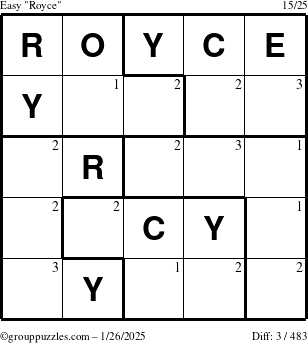 The grouppuzzles.com Easy Royce puzzle for Sunday January 26, 2025 with the first 3 steps marked