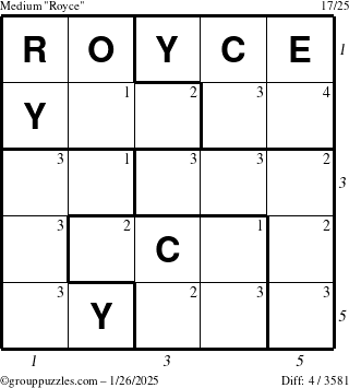 The grouppuzzles.com Medium Royce puzzle for Sunday January 26, 2025 with all 4 steps marked