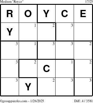 The grouppuzzles.com Medium Royce puzzle for Sunday January 26, 2025 with the first 3 steps marked