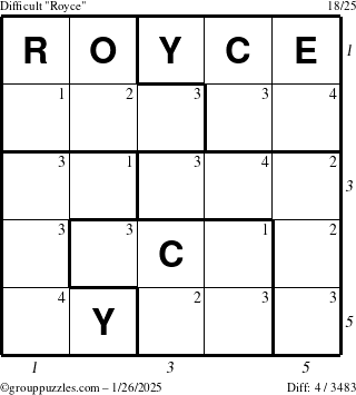 The grouppuzzles.com Difficult Royce puzzle for Sunday January 26, 2025 with all 4 steps marked