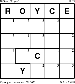 The grouppuzzles.com Difficult Royce puzzle for Sunday January 26, 2025 with the first 3 steps marked