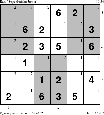 The grouppuzzles.com Easy SuperSudoku-Junior puzzle for Sunday January 26, 2025 with all 3 steps marked