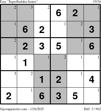 The grouppuzzles.com Easy SuperSudoku-Junior puzzle for Sunday January 26, 2025 with the first 3 steps marked