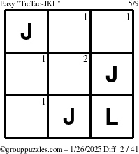 The grouppuzzles.com Easy TicTac-JKL puzzle for Sunday January 26, 2025 with the first 2 steps marked