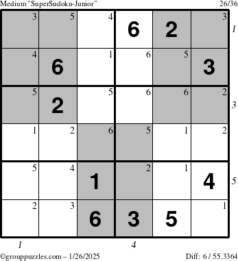 The grouppuzzles.com Medium SuperSudoku-Junior puzzle for Sunday January 26, 2025, suitable for printing, with all 6 steps marked