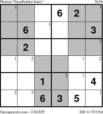 The grouppuzzles.com Medium SuperSudoku-Junior puzzle for Sunday January 26, 2025 with the first 3 steps marked