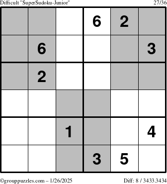 The grouppuzzles.com Difficult SuperSudoku-Junior puzzle for Sunday January 26, 2025