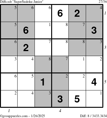 The grouppuzzles.com Difficult SuperSudoku-Junior puzzle for Sunday January 26, 2025 with all 8 steps marked