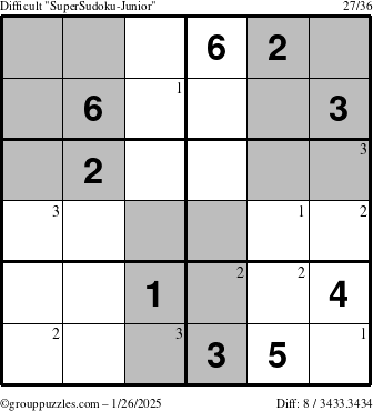 The grouppuzzles.com Difficult SuperSudoku-Junior puzzle for Sunday January 26, 2025 with the first 3 steps marked