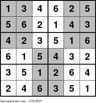 The grouppuzzles.com Answer grid for the SuperSudoku-Junior puzzle for Sunday January 26, 2025