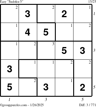 The grouppuzzles.com Easy Sudoku-5 puzzle for Sunday January 26, 2025 with all 3 steps marked