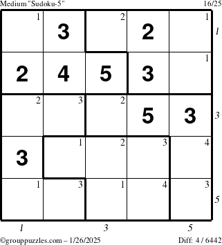 The grouppuzzles.com Medium Sudoku-5 puzzle for Sunday January 26, 2025 with all 4 steps marked