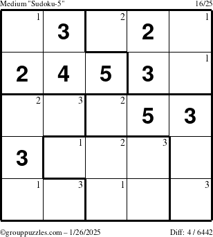 The grouppuzzles.com Medium Sudoku-5 puzzle for Sunday January 26, 2025 with the first 3 steps marked