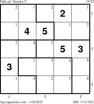 The grouppuzzles.com Difficult Sudoku-5 puzzle for Sunday January 26, 2025 with all 5 steps marked