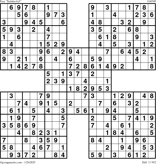 The grouppuzzles.com Easy Sudoku-by5 puzzle for Sunday January 26, 2025