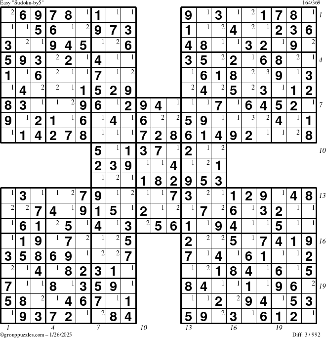 The grouppuzzles.com Easy Sudoku-by5 puzzle for Sunday January 26, 2025 with all 3 steps marked