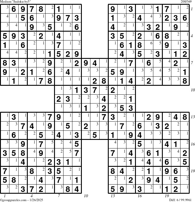 The grouppuzzles.com Medium Sudoku-by5 puzzle for Sunday January 26, 2025 with all 6 steps marked