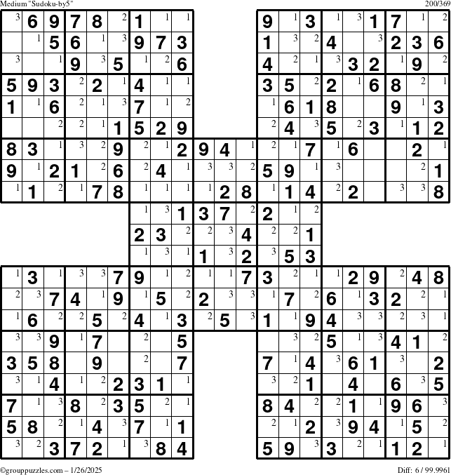 The grouppuzzles.com Medium Sudoku-by5 puzzle for Sunday January 26, 2025 with the first 3 steps marked