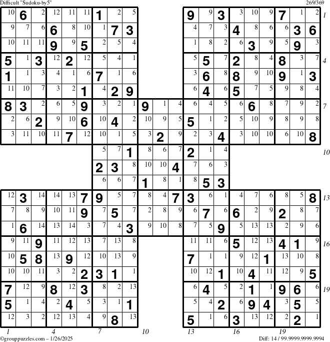 The grouppuzzles.com Difficult Sudoku-by5 puzzle for Sunday January 26, 2025 with all 14 steps marked