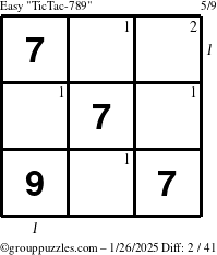 The grouppuzzles.com Easy TicTac-789 puzzle for Sunday January 26, 2025 with all 2 steps marked