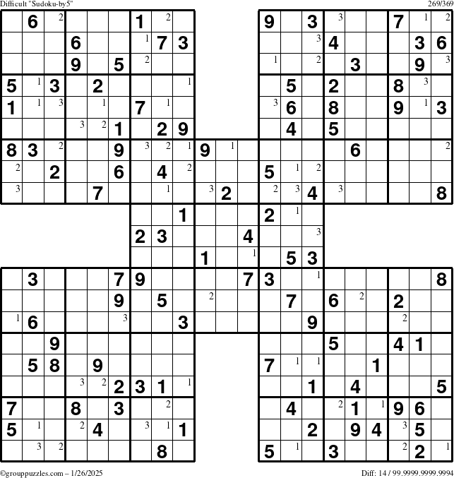 The grouppuzzles.com Difficult Sudoku-by5 puzzle for Sunday January 26, 2025 with the first 3 steps marked