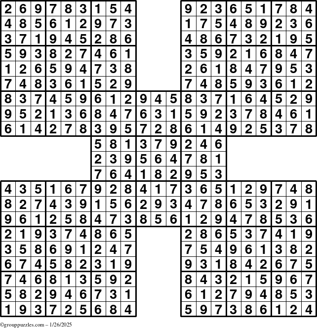 The grouppuzzles.com Answer grid for the Sudoku-by5 puzzle for Sunday January 26, 2025