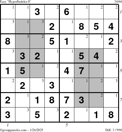 The grouppuzzles.com Easy HyperSudoku-8 puzzle for Sunday January 26, 2025 with all 3 steps marked