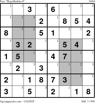 The grouppuzzles.com Easy HyperSudoku-8 puzzle for Sunday January 26, 2025 with the first 3 steps marked