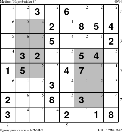 The grouppuzzles.com Medium HyperSudoku-8 puzzle for Sunday January 26, 2025, suitable for printing, with all 7 steps marked